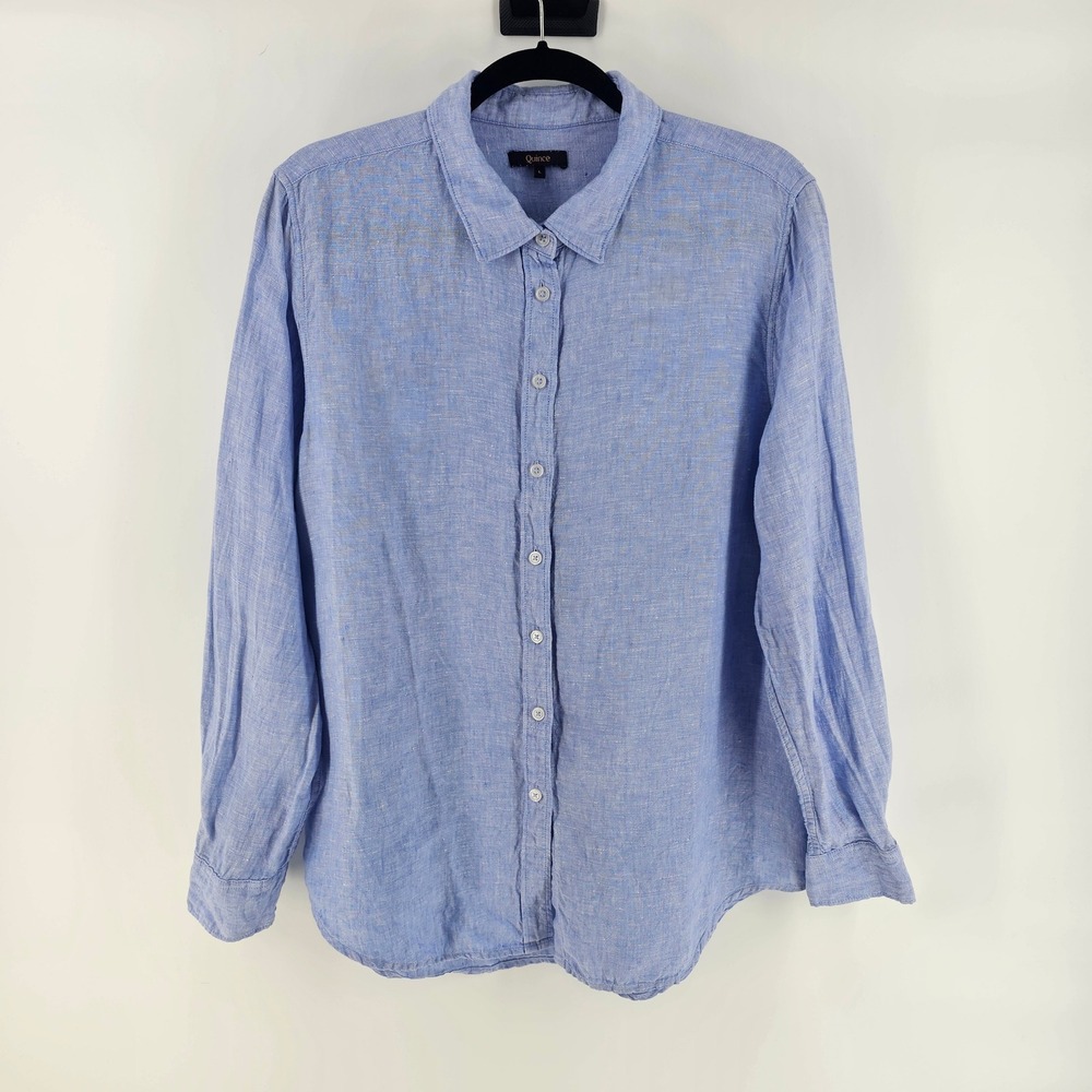 Quince Women Button Down Shirt L Blue 100% Linen Long Sleeve Coastal Classic